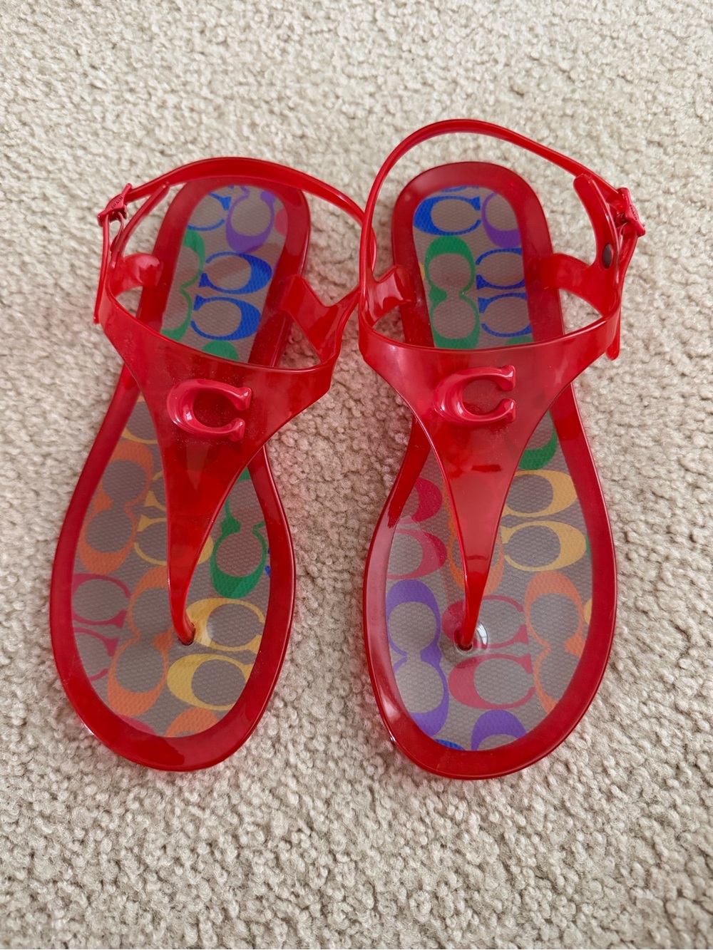 Coach Red Jelly Thong Sandals with Colorful Signature Insole
